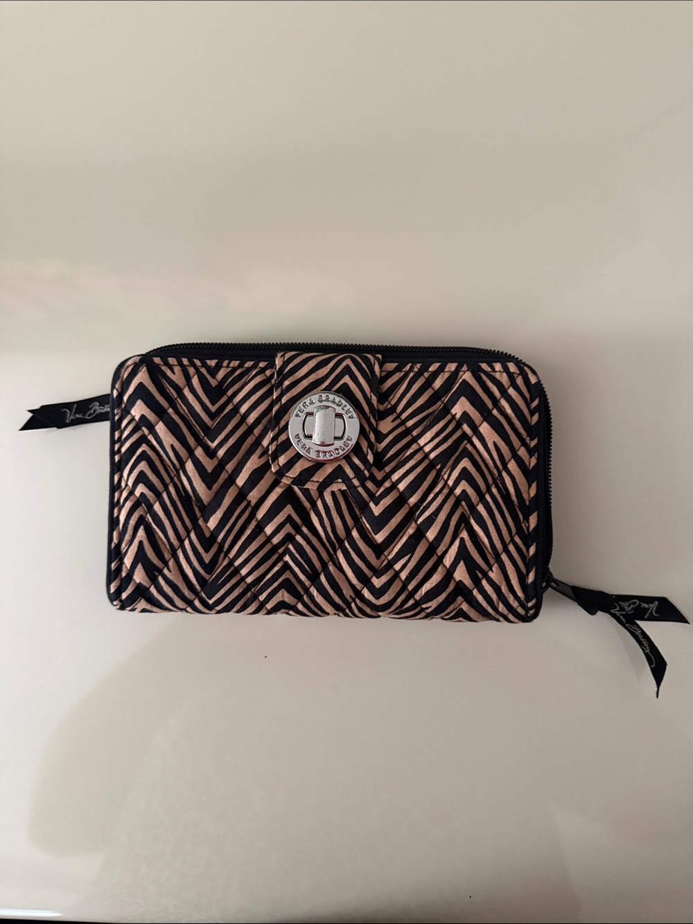 Vera Bradley Pink and Black Zebra Print Quilted Turn-Lock Zip Wallet NWOT never
